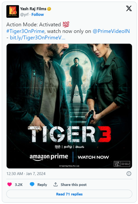 Tiger 3 On Prime Video- OTT Streaming Salman Khan & Katrina