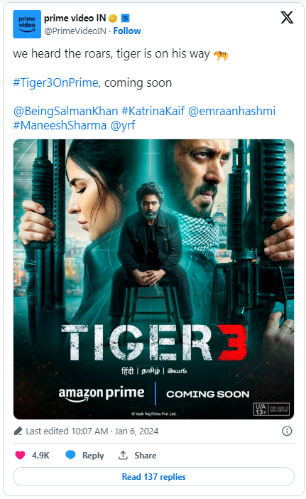 'Tiger 3'on Prime Video- OTT Streaming Salman Khan & Katrina